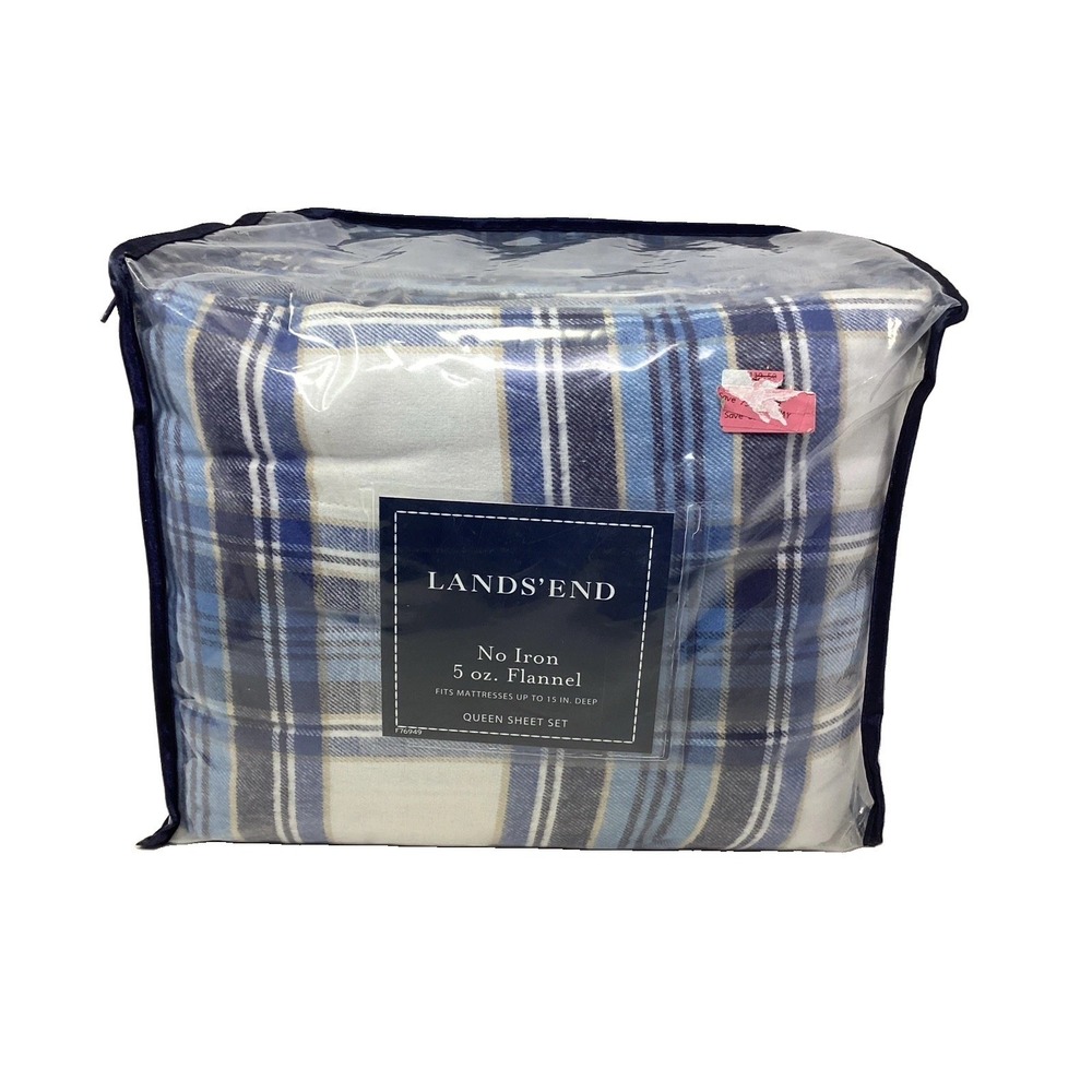 Lands' End Flannel Queen Sheet Set + Pillowcases TARTAN PLAID Blue White Cotton